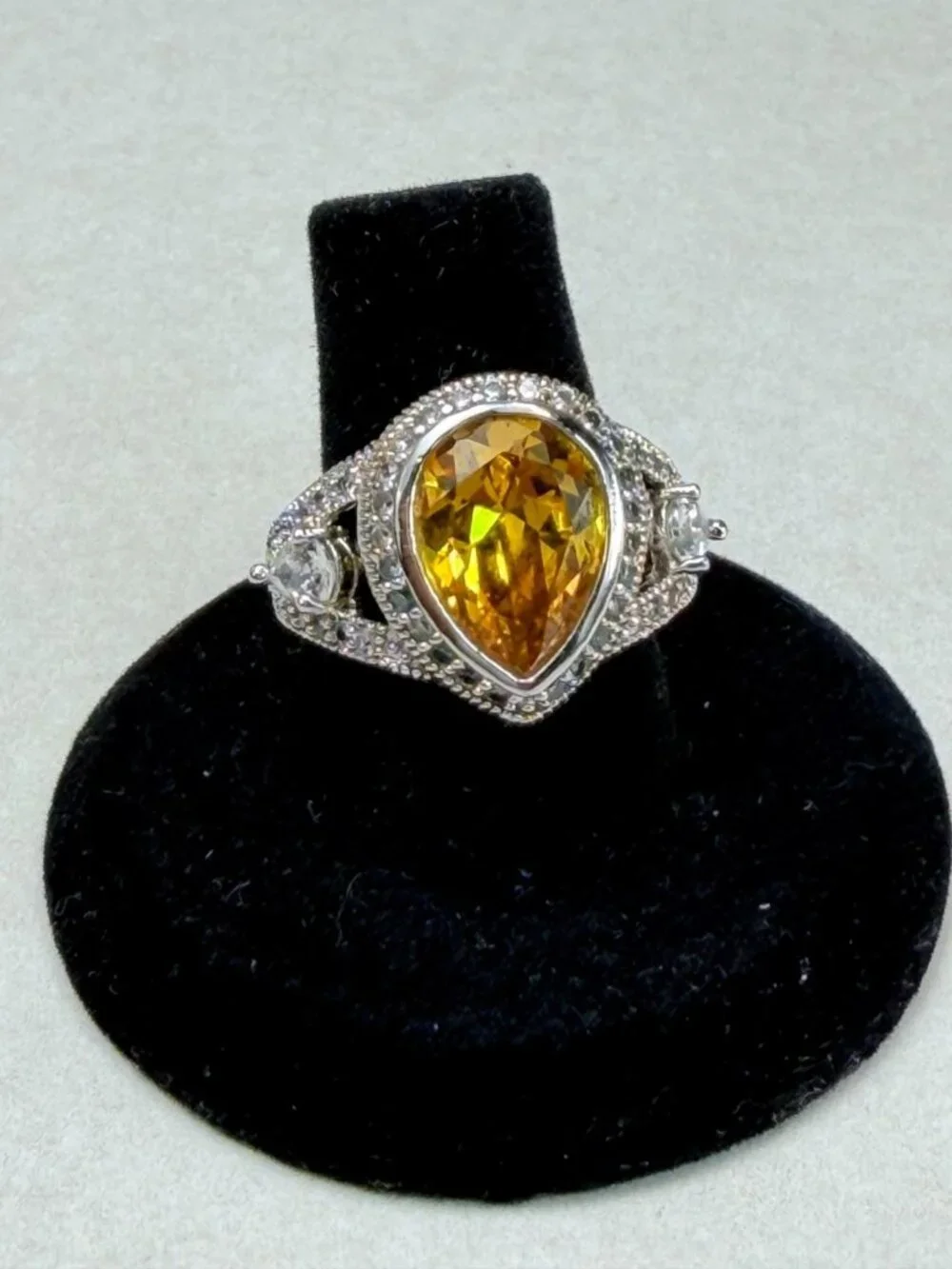 Silver Tone Citrine Glass Cocktail Ring Statement Vintage Style